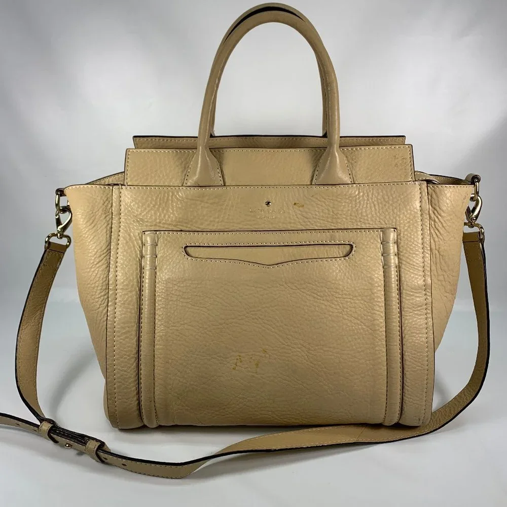 Kate Spade Beige Pebble Grain Leather Large‎ Zip Satchel Shoulder Bag